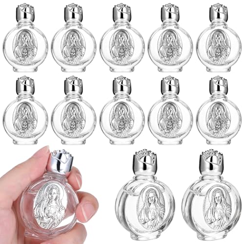 MAQUITA 12 Pcs Glass Holy Water Bottles 0.5 Fl Oz Embossed Glass Travel Empty Bottles Girls Little Bottle Church Decorations for Home Wedding, Portable Party Favors (Silver,Immaculate Heart of Mary)