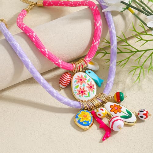 Stylish Double Layered Rope Necklace for Women, Multi-Layer Egg Flower Printed Fish Porcelain Pendant Charms Rope Necklaces, Summer Beach Festival Jewelry Gift2