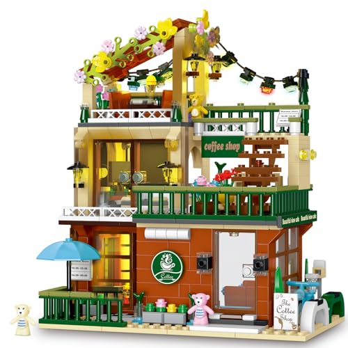 City Coffee House Building Block Set with Light, 3 in 1 Cafe Shop Building Set with Garden and Ordering Counter, Street View Architecture Model, Gift for Adults Girls 6-12（875PCS）