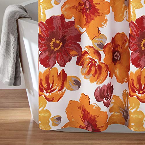 Image of Lush Decor Leah Floral Shower Curtain, 72 inch W x 72 inch L, Red & Orange - Fabric Shower Curtains - Watercolor Botanical Bathroom Curtain - Farmhouse & French Country Decor