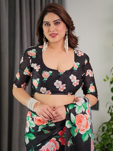Image of ALMAARI FASHION Satin Georgette Floral Printed Saree with Blouse, 5.5 Meter Saree with 0.8 Meter Blouse, Traditional (SG 119 H)