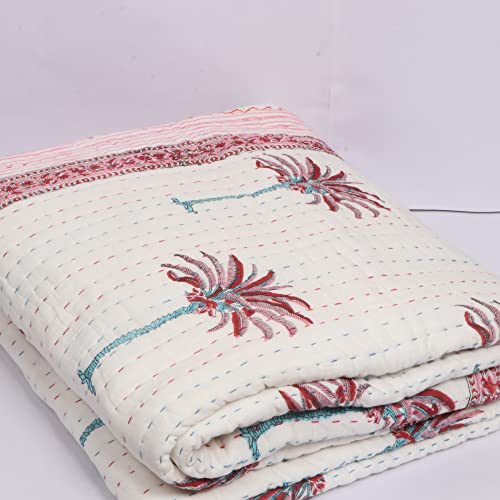 Couette Kantha coton imprimé palmier grand couvre-lit bohème 90X108 pouces INDACORIFY - 3