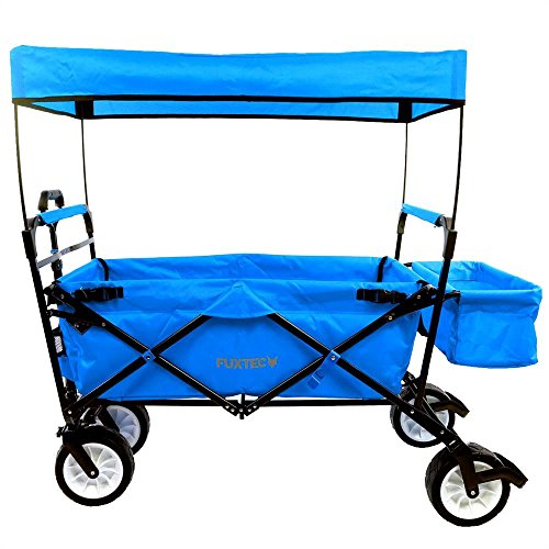 FUXTEC Faltbarer Bollerwagen JW-76C Türkis klappbar mit Dach, Vorderrad-Bremse, Strand-Reifen und Lenkdeichsel, Hecktasche, für Kinder geeignet - Das Original mit Qualität!