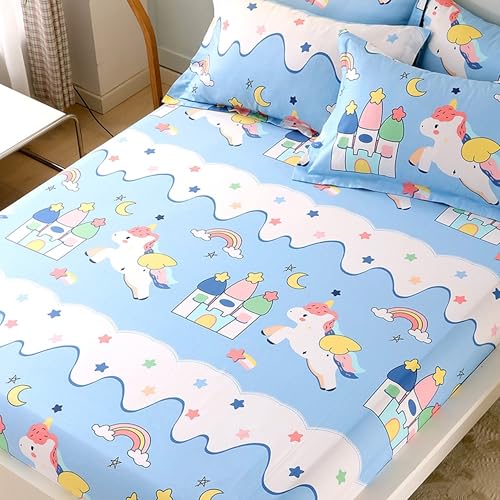Image of Filymore Star Unicorn Single bedsheet for Girls Kid bedsheet for Single Size Bed 240 TC Microfiber Soft Cartoon bedcover for Kids Room (90x60 Inches)(SkyBlue and White)
