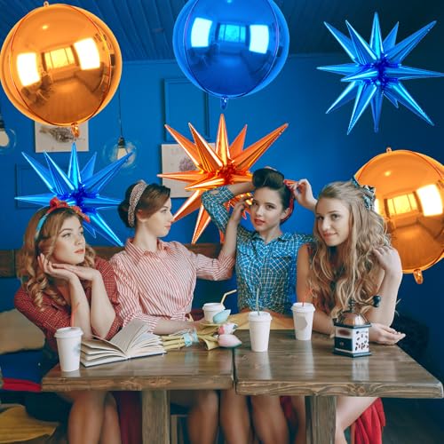 Image of 6pcs 22 inch Blue and Orange Star Balloons and 4D Large Foil Balloons, Dark Blue Foil Star Balloon Orange 4D Aluminum Balloon For Birthday Baby Shower Party Wedding Anniversary Engagement Decoration