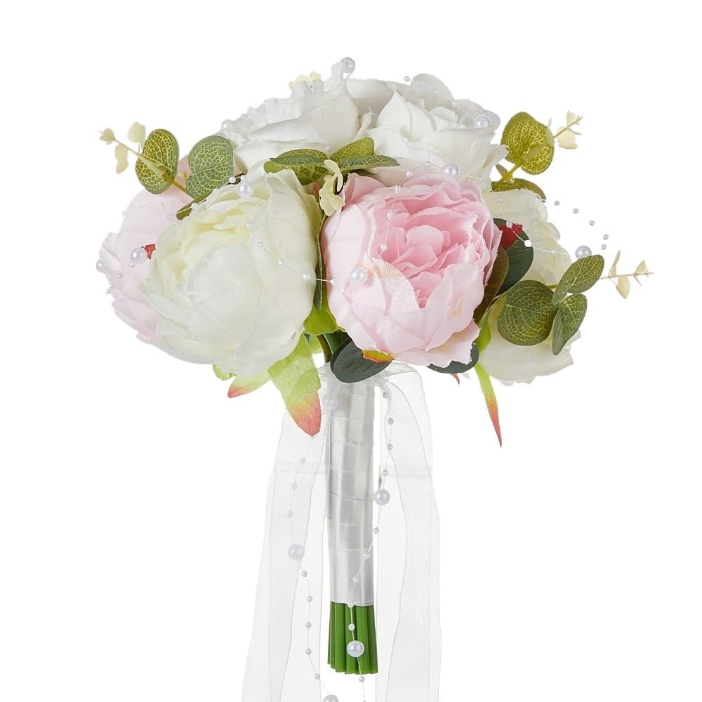 Huffa Pink Artificial Peony Bouquet For Brides And Bridesmaids - Elegant Wedding Floral Arrangement With Ribbon Accents(Pink)