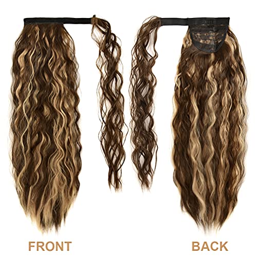 Yeame Corn Wave Ponytail Extension Clip In - 22 Inch Long Wavy Curly Wrap Around Pony Tail Heat Resistant Synthetic Hairpiece For Women (Brown Mixed Blonde #8H27) #TOP1