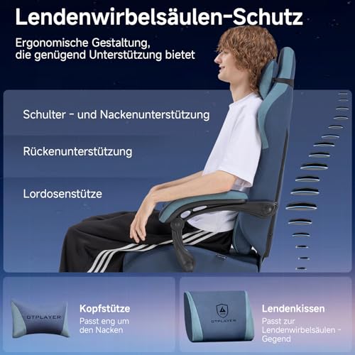 Image of GTPLAYER Gaming Chair, Ergonomic Fabric Gamer Chair with Lumbar Support, PC Chair with Widened Backrest, Maximum Load 150 kg, Dark Blue