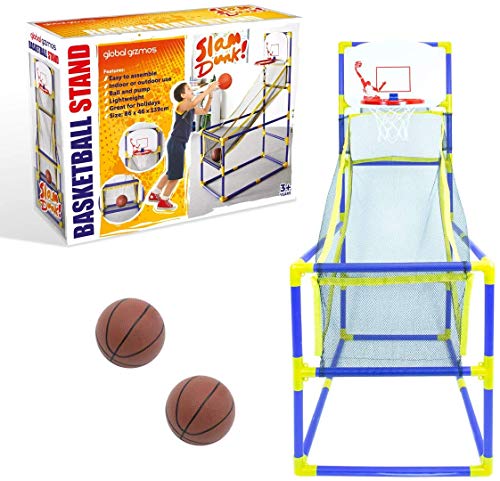 Global Gizmos 55639 - Aro de Baloncesto de Arcade para Uso en Interiores y Exteriores, fácil de Montar, 2 Bolas y Bomba Incluidas, Juegos para niños, 86 cm x 46 cm x 139 cm, Azul y Amarillo