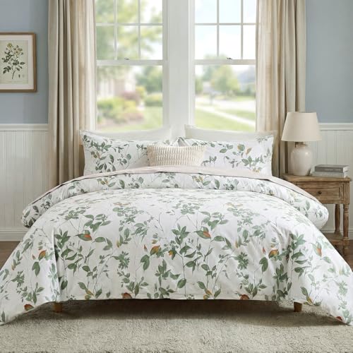 Cozaline Floral Comforter Set King Size 100% Cotton Comforter Green Floral Bedding Comforter Set 3 Pcs Ultra Soft and Easy Care Reversible Lightweight Bedding Sets