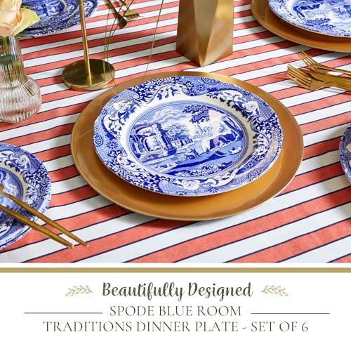 Spode Blue Room Traditions Plate Set, Set of 6-10.5-Inch Fine Earthenware Plates with Castle & Greek Motifs - Classic Oriental Tableware for Dining - Dishwasher & Microwave Safe