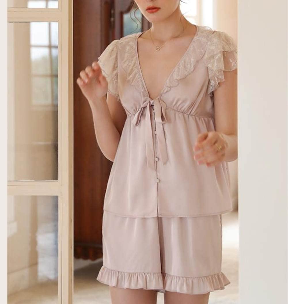 SNPP Pigiama da Donna in Due Pezzi,Vestiti Estivi per Le Donne, Sexy Pigiama di Seta di Ghiaccio, Rosa Grande Scollo A V Manica Corta E Pantaloncini Due Pezzi Pigiama, Pigiama Regalo per Le Donne