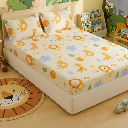 Image of Filymore Kids Double Bed Sheet Set with 2 Pillow Covers - Cute Cartoon Elephant & Lion Print, 240 TC Soft Microfiber Bedsheet for Double Bed, Cream Orange Blue Bedspread, 90x90 Inch