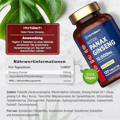 Panax Ginseng Extrakt 10.000mg | 120 Korean Ginseng Tabletten | Vegane | Hochdosierte Ginsenoside | Horbaach – Bild 4