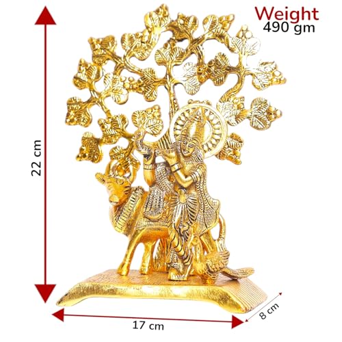 Image of KridayKraft Metal Krishna Idol Statue with kamdhenu Cow Standing Under Tree Showpiece Figurine for Pooja Room & Gift,Decorative Religious Statue for Home,Office & Table...