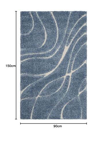 Image of Geometric Wave Shaggy Carpet for Living Room, Bedroom, High Low Design Finish Microfiber 1.8 Inch Pile High, 3x5 Feet Royal Blue|Ivory Color