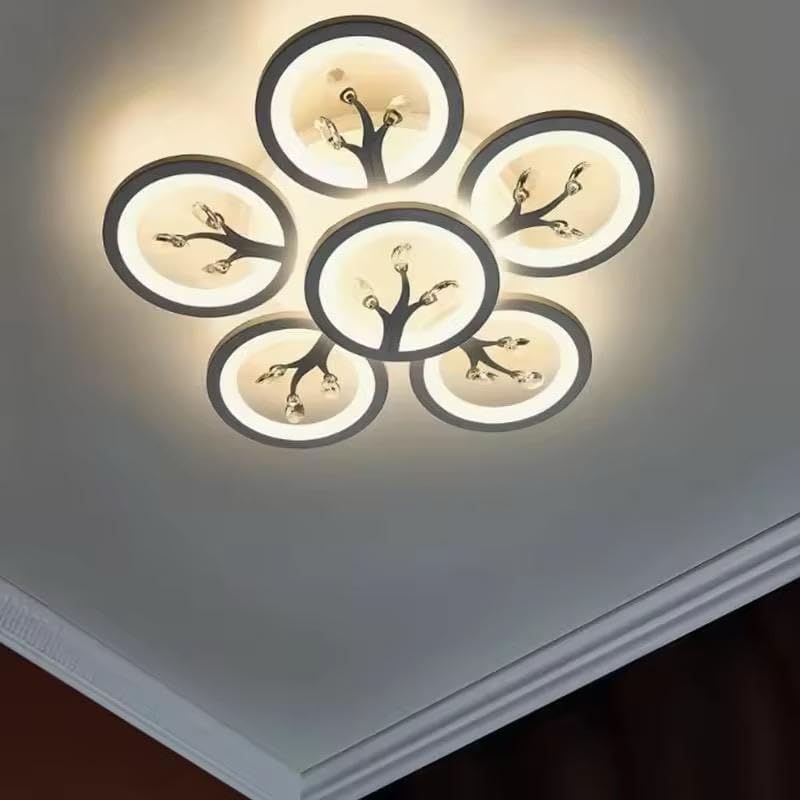 Image of 6 Light 60-Watts White Crystal LED Chandelier Lamp - Round (5+1 Circle Warm) with Remote Control