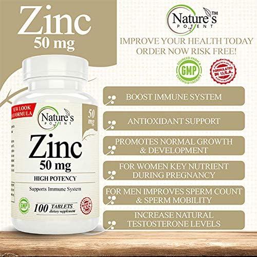 Nature's Potent Zinc 50mg Supplement, High Potency (2 Pack / 100 Tablets Each)