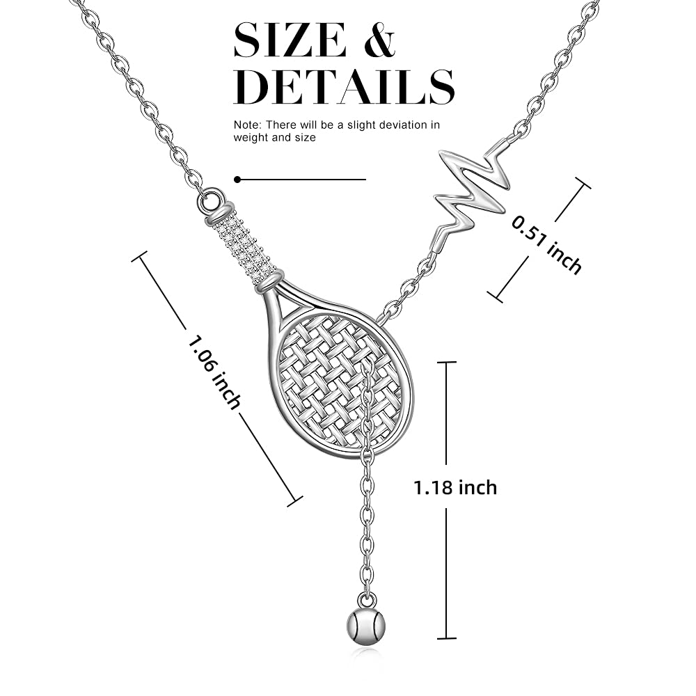Collar de plata de ley con cadena de tenis, raqueta de tenis y bola colgante de latido del corazón de la joyería deportiva de tenis regalos para las niñas amantes