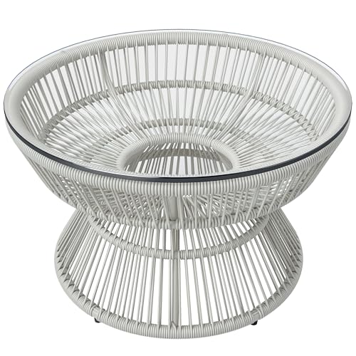 Outsunny Table Basse de Jardin Ronde, Table d'appoint en résine Aspect rotin et Plateau Verre trempé Ø60 x 37H cm Gris Clair