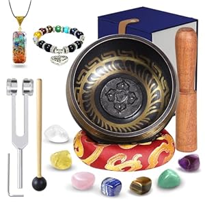 Singing Bowl, Tibetan Singing Bowl Set for Meditation Sound, 7 Crystal Stones and Tuning Forks, Chakra Bracelet with Chakra Necklace for Meditation And Yoga, Spiritual Healing, Mindfulness