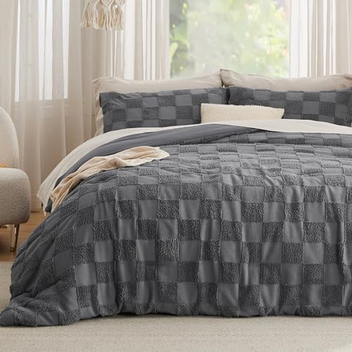 Image of Bedsure Dark Grey Queen Size Comforter Set, Boho Tufted Bed Set, Checkered Farmhouse-Style Distressed Vintage Bedding, 3 Pieces, 1 Plaid Geometric Comforter and 2 Pillow Shams