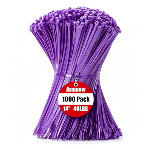 Image of Armpow 14 Inch Zip Ties Purple 1000 PCS, 40 Lbs- Heavy Duty Tensile Strength, Nylon PA66 UV Resistant Cable Ties for Indoor and Outdoor Use - Ideal for object bundling and fastening