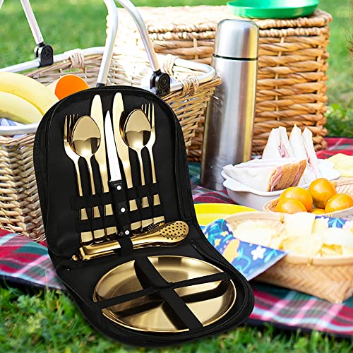 10Pcs Set Of Portable Knife, Fork, Spoon, Plate, Steak Clip Set, Camping Picnic, Two-Person Tableware Package, Outdoor Stainless Steel Tableware Set #TOP2