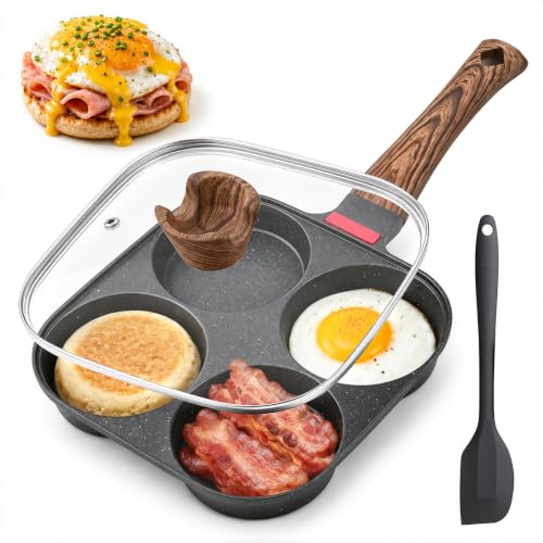 4 Cup Egg Pan with Lid, Nonstick Fried Egg Skillet for Breakfast, Black