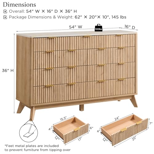 Image of T4TREAM 54 inch Wide Fluted 9 Drawer Dresser for Bedroom, Natural Oak | Mid Century Modern, Faux Marble Top, Curved Profile, Metal Handles, Anti-tip Kit, Smooth Slides, for Living Room, Hallway