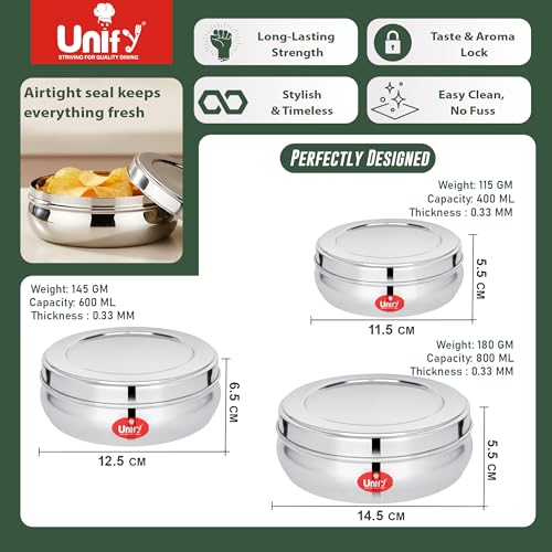 Image of Unify Stainless Steel Belly Dabba Set of 3 | 880ml, 600ml, 400ml Multipurpose Kitchen Storage Containers | Food-Grade, Rust-Proof Steel Canisters with Tight-Fit Lids for Snacks & Daily Use