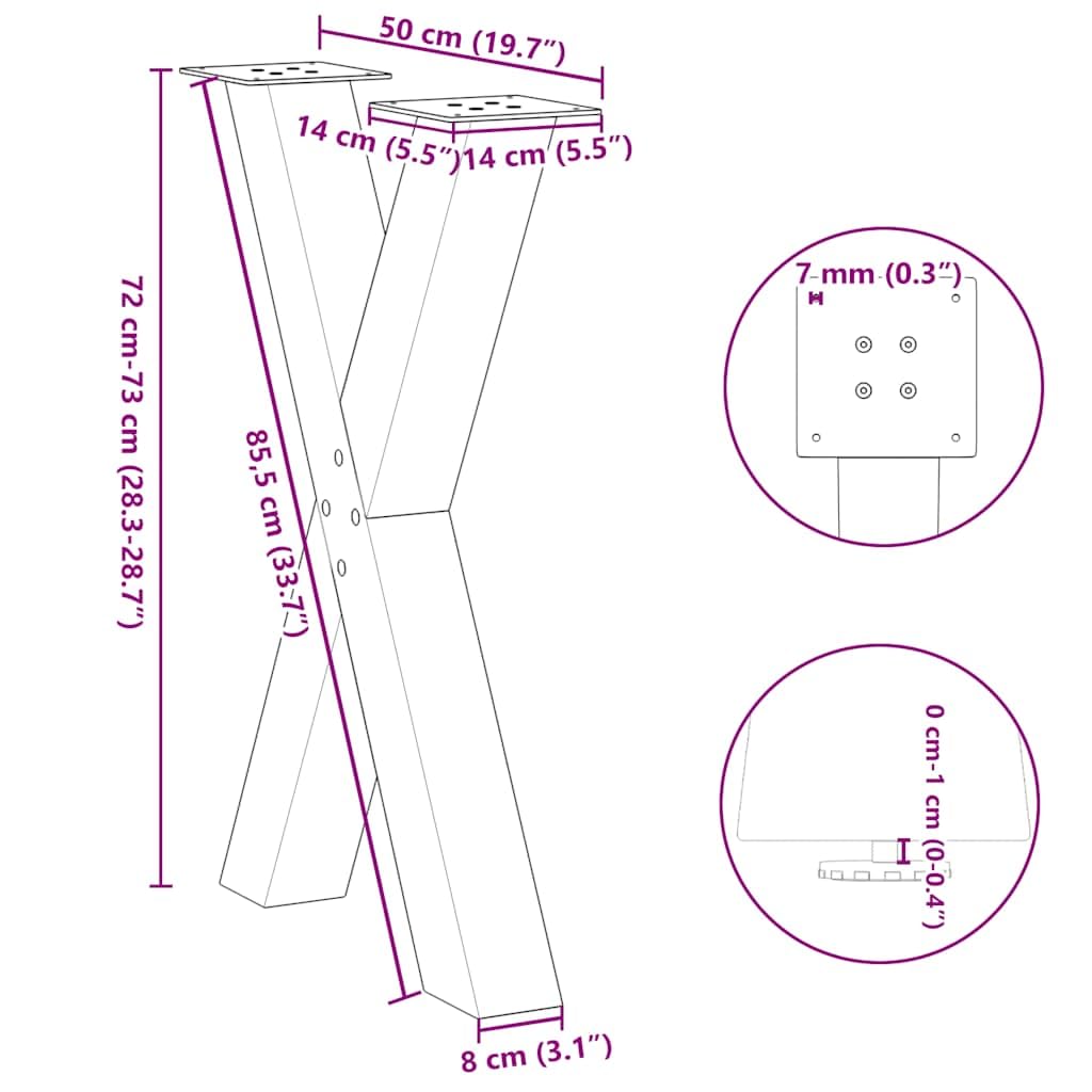 Nogi do stołu w kształcie X 2 sztuki, czarne, 50 x 72 73 cm, stal malowana proszkowo, z regulacją wysokości nóżek poziomujących, mocowanie i ochraniacze podłogi, do stołu jadalnego i biurka