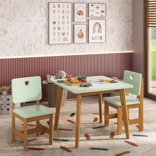 Conjunto Infantil Sofia Mesa + 2 Cadeiras Verde/Mel - Madeira de Pinus/Mdf Verde/Mel