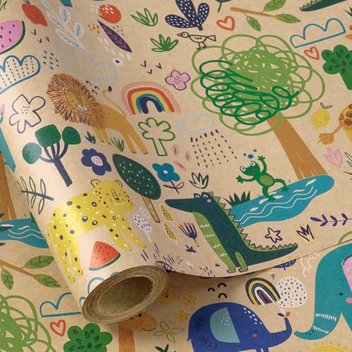 RUSPEPA Baby Shower Wrapping Paper Roll - 17 Inches x 16.4 Feet - Colorful Cartoon Animal Design on Kraft Paper - for Boy or Neutral Gift Wrapping Kids Birthday Party and Baby Shower