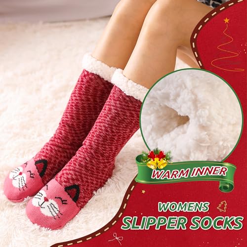 Image of WEVIAS Women Winter Socks Knit Anti-Slip Sweat Warm Cute Cartoon Animals Fuzzy Home Slipper Socks