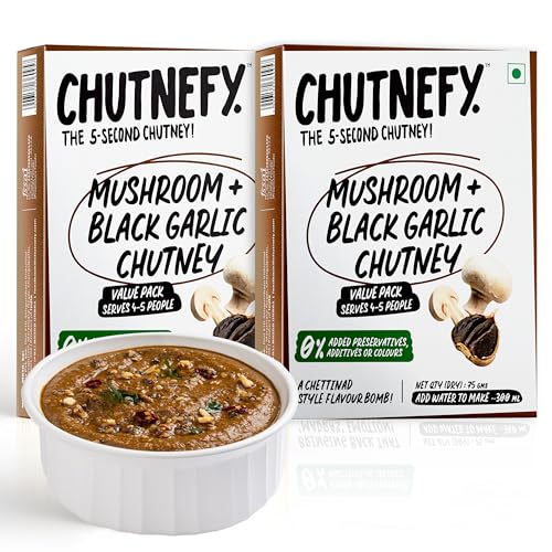 Image of CHUTNEFY|Mushroom & Black Garlic Chutney|100% Natural & Superfood Ingredients|Pack of 2*75gms (Dry)|Add Water to Make 300ml|4-5 Servings Per Pack|Uniquely Crafted Chettinad Style Flavour