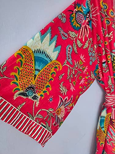 Red Floral Kimono Cardigan Front Shirt Open Indian Handmade Handblock Print Kimono Bath Robes Maternity Beach Wear Cotton Kimonos Linen By Ranjanacraft., Multi #TOP3