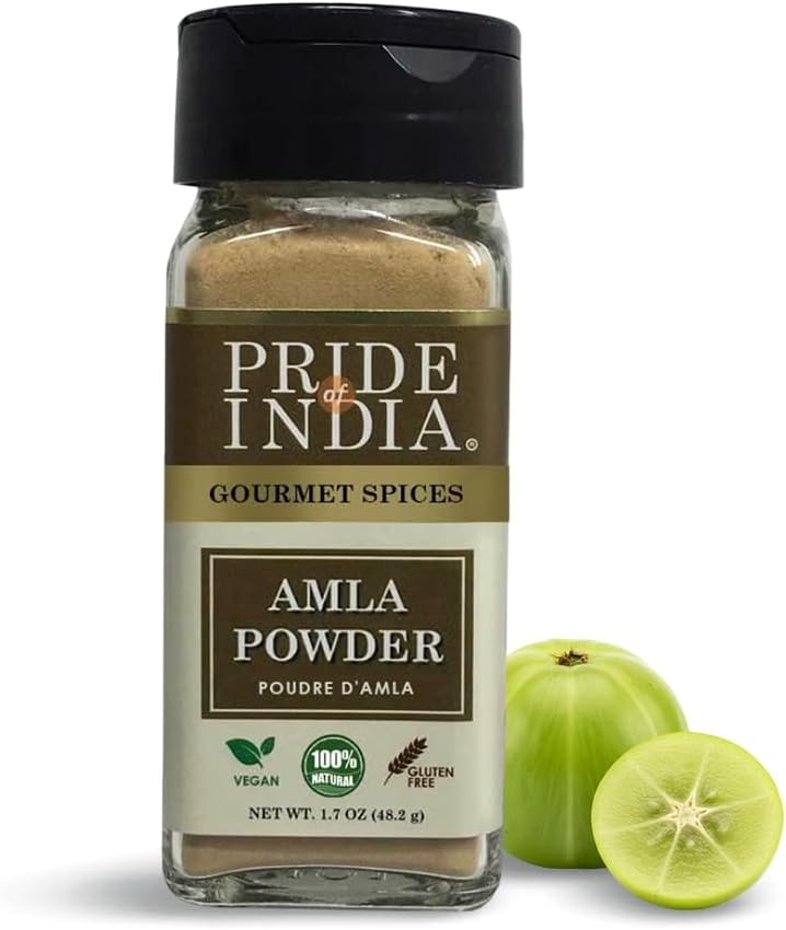 Pride of India – Amla Powder – Gourmet Spice – Tangy & Savory – Pure Indian Gooseberry Ground – Antioxidant Rich – GMO/Gluten Free – Easy to Use – 1.7 oz. Small Dual Sifter Bottle