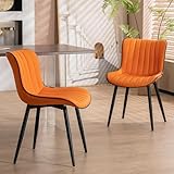 YOUNUOKE Dining Chairs Set of 2,Upholstered Mid Century Modern Chair Armless Faux Leather Accent Chairs with Backrest Metal Legs and Adjustable Feet for Kitchen Living Room Bedrooms,Orange