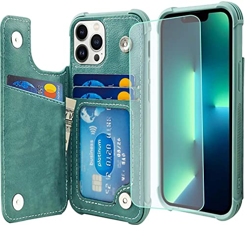 VANAVAGY Compatible for iPhone 13 Pro Wallet Case for Women and Men,Leather Flip Folio Phone Cover Fits Magnetic Car Mount with Credit Card Holder,Forest Green