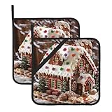 Lot de 2 maniques imprimées de Noël en forme de maison de village en pain d'épices – Résistantes à la chaleur et imperméables pour cuisson au four