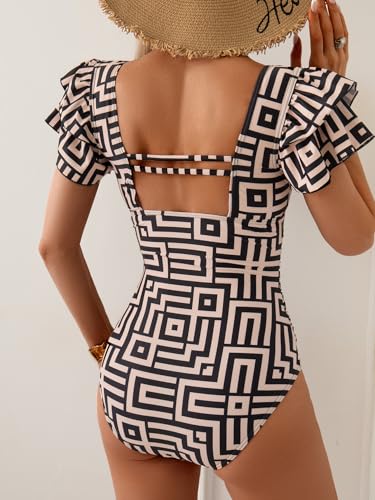 Image of Eomenie Women's Tummy Control One Piece Swimsuit Ruffle Square Neck Bathing Suit Ruched Cutout Back Slimming Swimwear