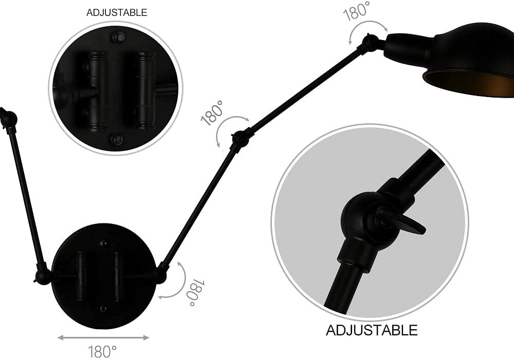 Holiday Deals 🛒 JEUNEU Long-Arm Double Headed with Switch Plug in Wall Light Sconces Industrial Swing Arm Wall Two Lights Adjustable Bedroom Living Room Office Lighting Fixture