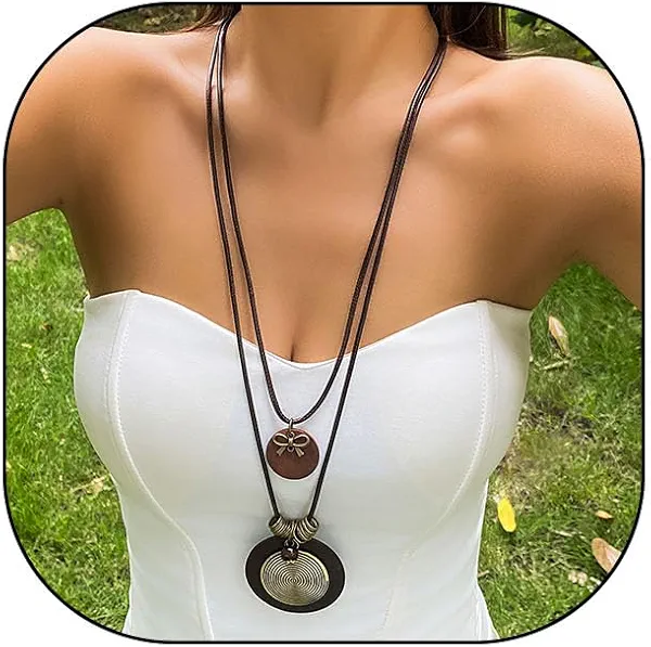 Long Boho Necklaces for Women Stacking Leather Cord Wooden Disc Pendant Necklaces Choker Vintage Adjustable Trendy Necklace Jewelry Gift