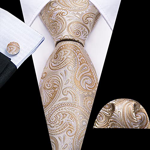 Image of Barry.Wang Men Tie Set Paisley Silk Necktie Pocket Square Cufflinks Formal Wedding Business Party