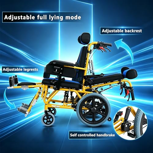 Image of Pediatric Cerebral Palsy Wheelchair - Foldable Adjustable Reclining Wheelchair for Kids,Children's Mobility Wheelchair,Ergonomic Medical Transport Chair for Children with Special Needs (Yellow)