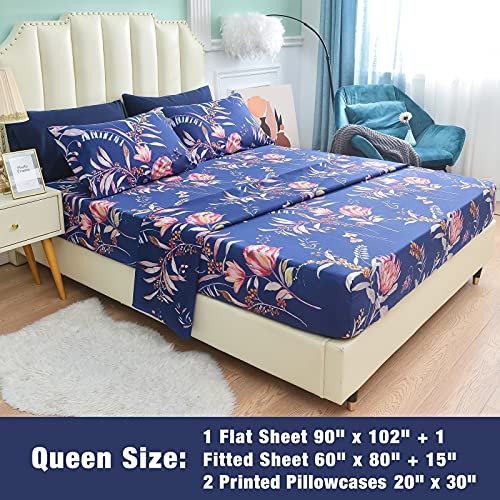 Image of JSD Navy Blue Tropical Floral Printed Sheet Set Queen Size | 4 Piece Soft Botanical Microfiber Sheets, 16 inch Extra Deep Pocket, OEKO-TEX Certified, Easy Care