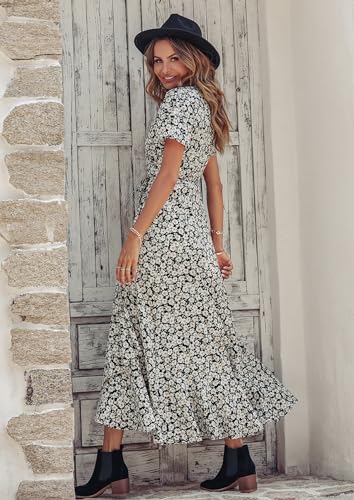 PRETTYGARDEN Women's Summer Maxi Dress Casual Wrap Floral Boho Short Sleeve V Neck Split Ruffle Beach Long Dresses