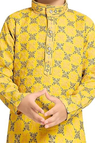 Image of TinySteps Boys' Ethnic Wear - Cotton Lakhnavi Chikan Kurta with Golden Sequence Work and Elastic Waist White Cotton Pajama - Festive & Wedding Outfit