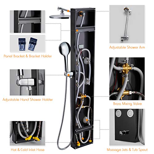 ROVATE Rainfall Shower Panel Tower Modern 304 Stainless Steel, Shower Tower with 9-inch Round Shower, 6 Body Massage jets and Tube Spout, Multi-Function Shower Column with Temperature Dispaly